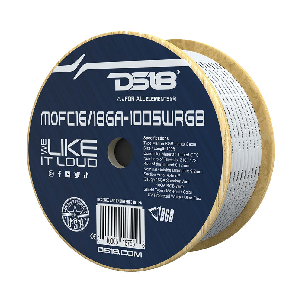DS18 Marine Tinned OFC 18GA RGB Wire w16GA Speaker Wire 100 Spool MOFC1618GA100SWRGB