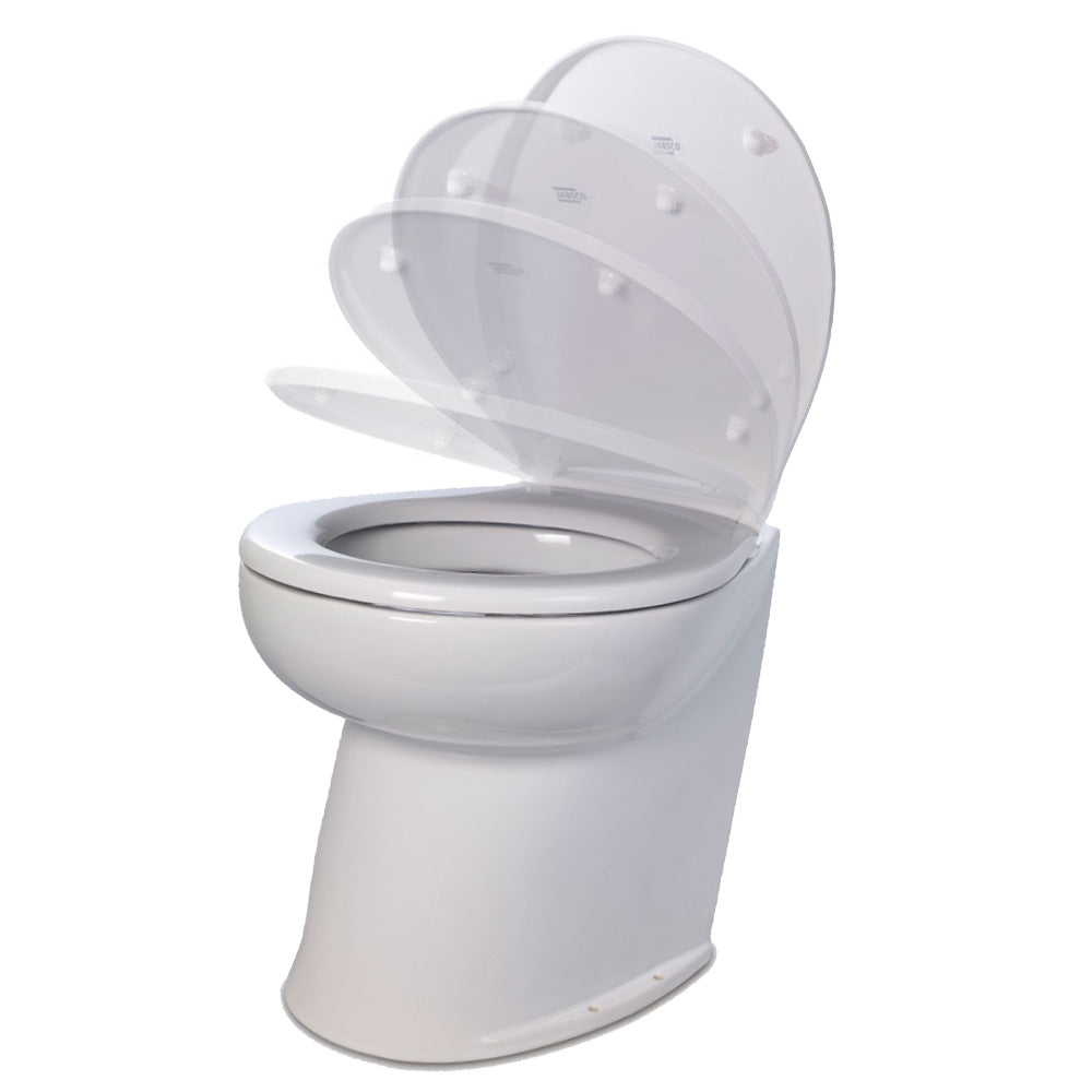 Jabsco Deluxe Flush 17 Angled Back 12V Raw Water Electric Marine Toilet wRemote Rinse Pump Soft Close Lid 582203012