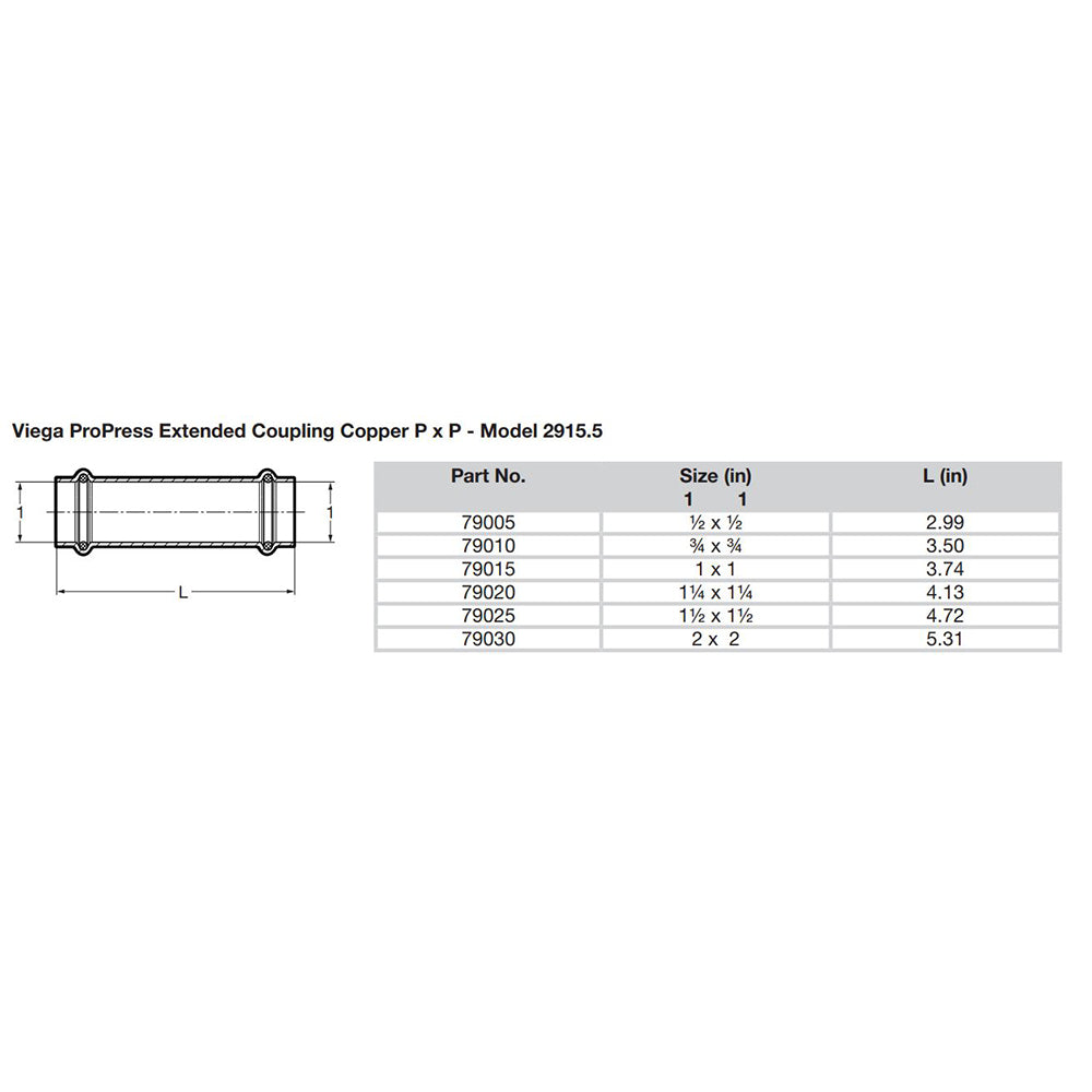 Viega ProPress 1 Extended Coupling wo Stop  Double Press Connection  Smart Connect Technology 79015